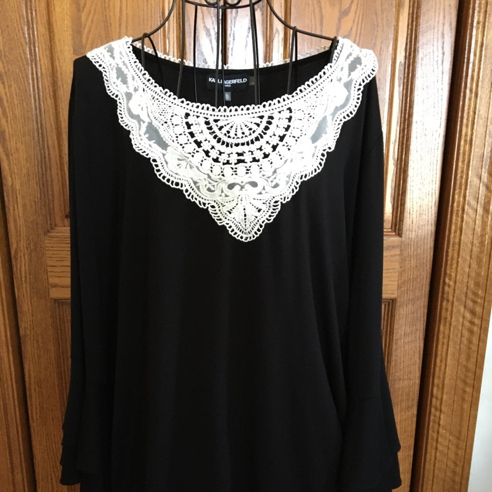 NWT  Lagerfeld Black Top with White Lace Collar